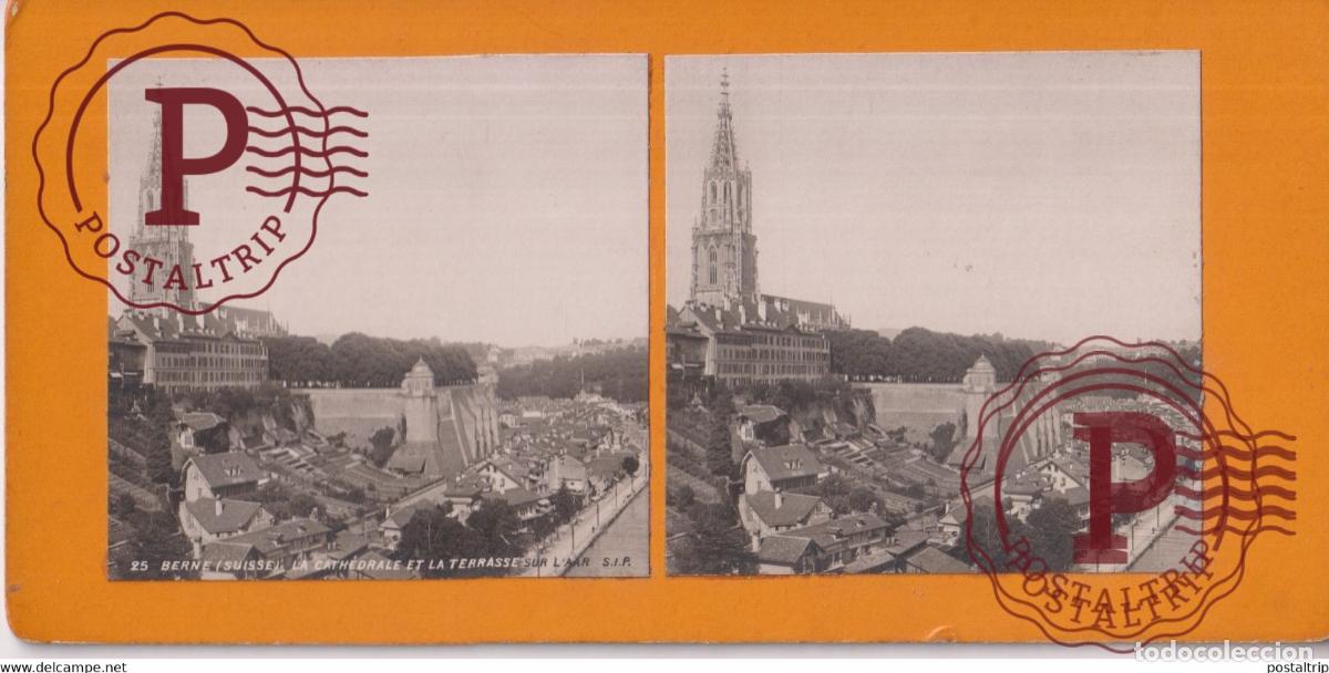Fotograf&iacute;a antigua: BERNE LA CATH&Egrave;DRALE ET LA TERRSSE SUR LAAR SUISSE SUIZA SWITZERLAND +-17.5*8.5cm ESTEREOSCOPICA ST
