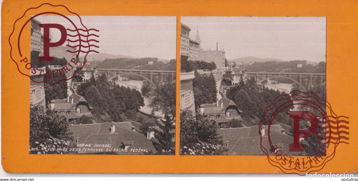 Fotograf&iacute;a antigua: BERNE VUE PRISE DE LA TERRASSE DU PALAIS F&Egrave;D&Egrave;RAL SUISSE SUIZA SWITZERLAND +-17.5*8.5cm ESTEREOSCOPIC