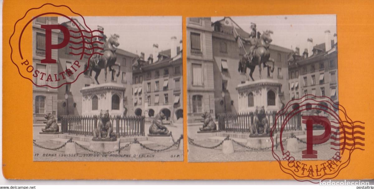 Fotograf&iacute;a antigua: BERNE STATUE DE RODOLPHE D EHLACH SUISSE SUIZA SWITZERLAND +-17.5*8.5cm ESTEREOSCOPICA STEREOSCOPIC