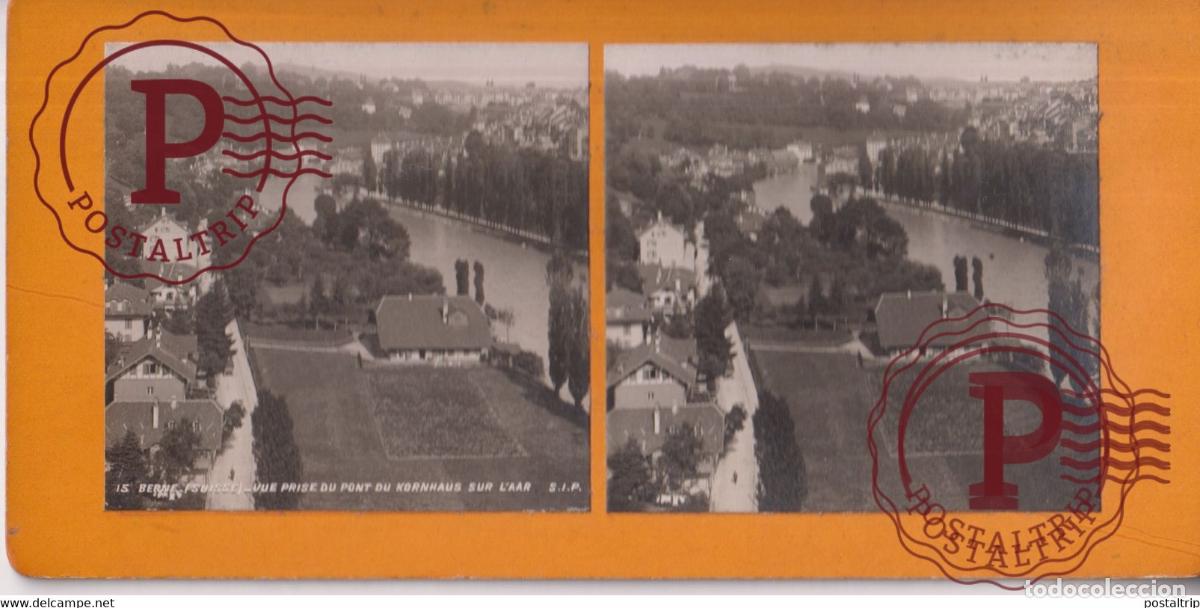 Fotograf&iacute;a antigua: BERNE VUE PRISE DU PONT DU KORNHAUS SUR LAARSUISSE SUIZA SWITZERLAND +-17.5*8.5cm ESTEREOSCOPICA ST