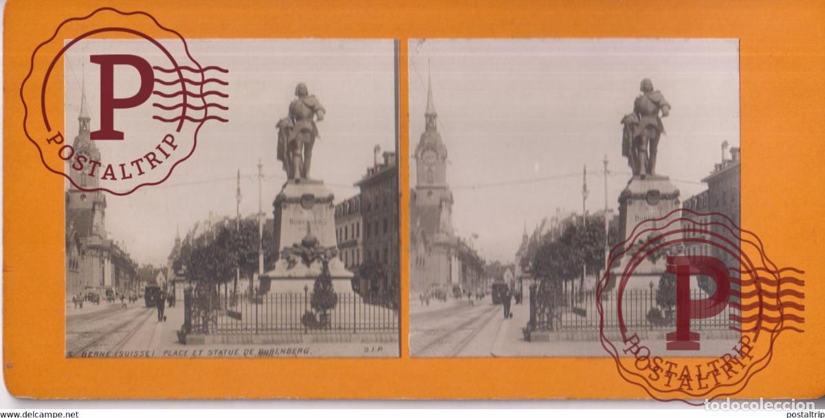 Fotograf&iacute;a antigua: BERNE PLACE ET STATUE DE BUBENBERG SUISSE SUIZA SWITZERLAND +-17.5*8.5cm ESTEREOSCOPICA STEREOSCOPI