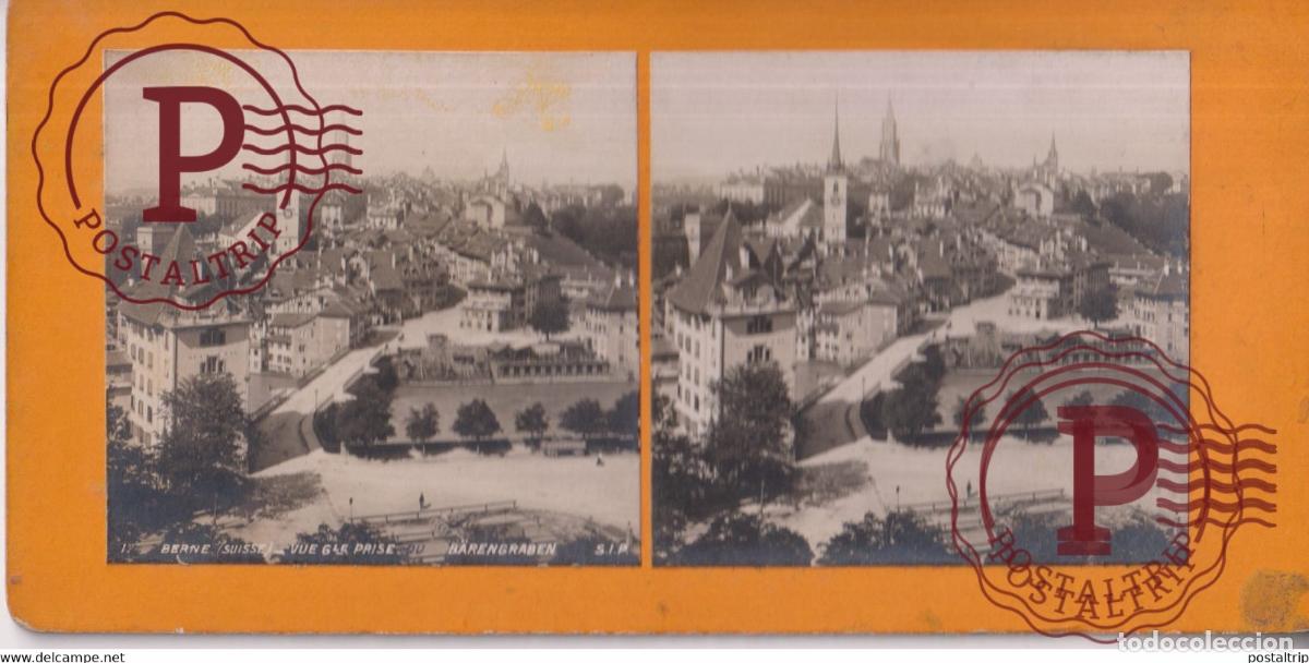 Fotograf&iacute;a antigua: BERNE VUE GLE PRISE DU B&Auml;RENGRABEN SUISSE SUIZA SWITZERLAND +-17.5*8.5cm ESTEREOSCOPICA STEREOSCOPI