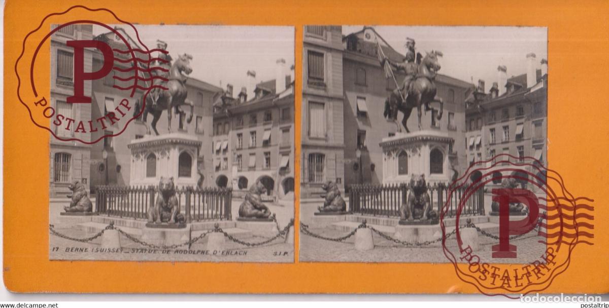 Fotograf&iacute;a antigua: BERNE STATUE DE RODOLPHE DERLACH SUISSE SUIZA SWITZERLAND +-17.5*8.5cm ESTEREOSCOPICA STEREOSCOPIC