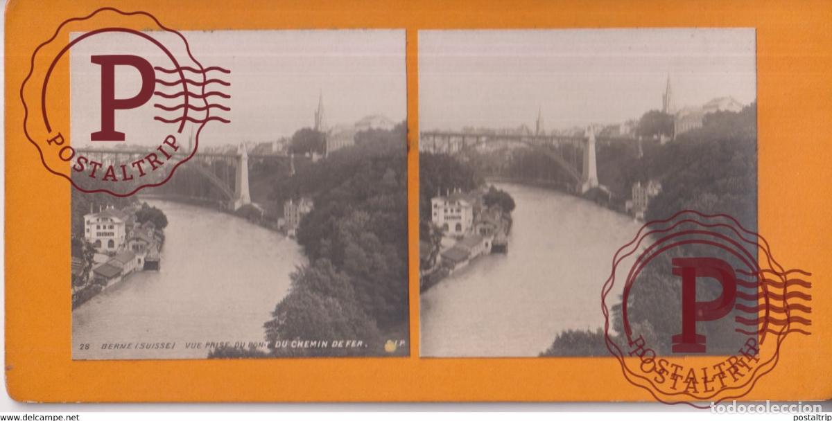 Fotograf&iacute;a antigua: BERNE VUE PRISE DU PONT DU CHEMIN DE FER SUISSE SUIZA SWITZERLAND +-17.5*8.5cm ESTEREOSCOPICA STERE