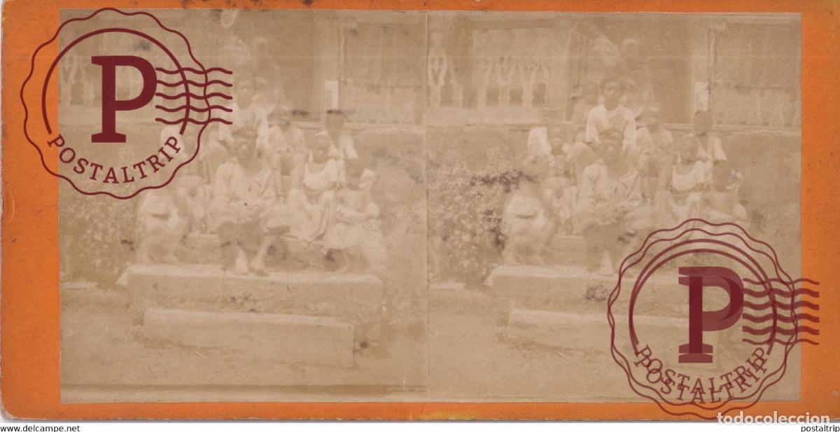 Fotograf&iacute;a antigua: AFRIQUE VIEUX NOIR AVEC ENFANTS +-17.5*8.5CM ESTEREOSCOPICA STEREOSCOPIC