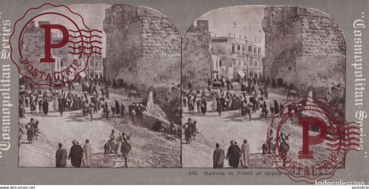Fotograf&iacute;a antigua: JERUSALEM NATIVES IN FRONT OF GRAND HOTEL +-17.5*8.5CM ESTEREOSCOPICA STEREOSCOPIC