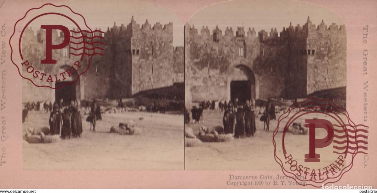 Fotograf&iacute;a antigua: DAMASCUS GATE JERUSALEM R Y YOUNG PORTE DE DAMAS +-17.5*8.5CM ESTEREOSCOPICA STEREOSCOPIC