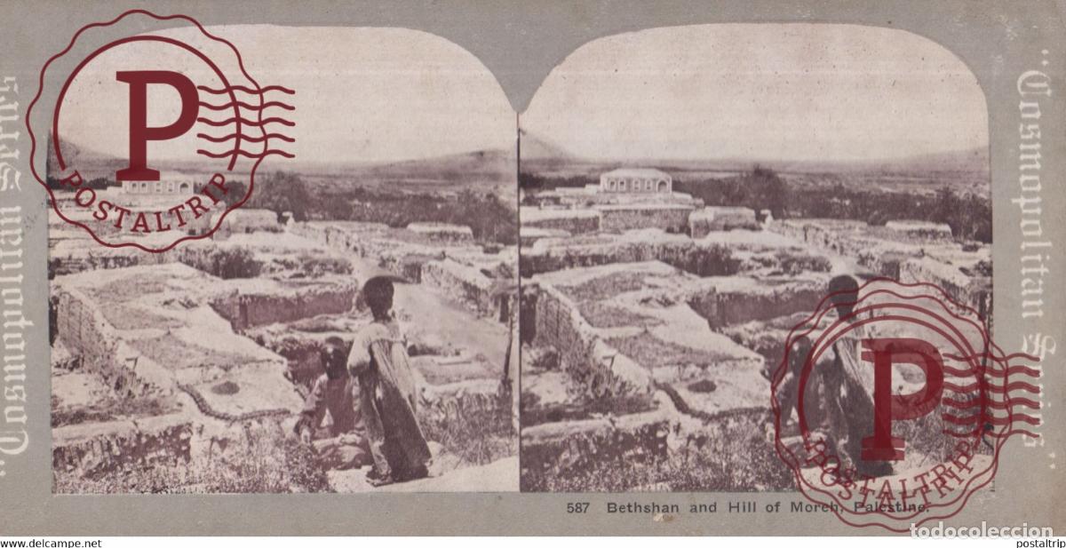 Fotograf&iacute;a antigua: BETHSHAN AND HILL OF MOREH PALESTINE TOUTE JERUSALEM AU JOURDANI +-17.5*8.5CM ESTEREOSCOPICA STER