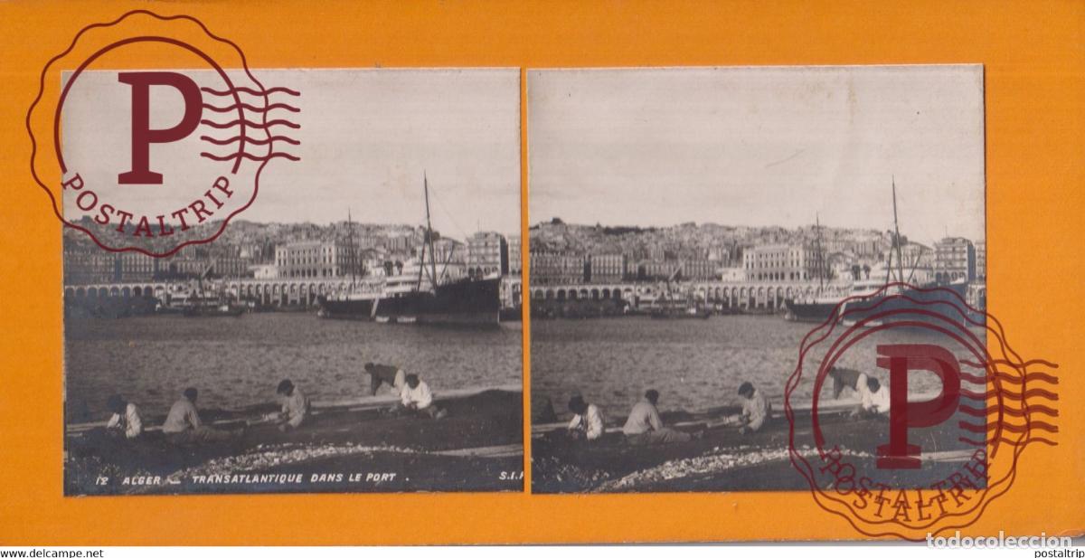 Fotograf&iacute;a antigua: AFRIQUE ALGERIE ALGER ARGELIA TRANSATLANTIQUE DANS LE PORT BATEAU +-17.5*8.5CM ESTEREOSCOPICA STER