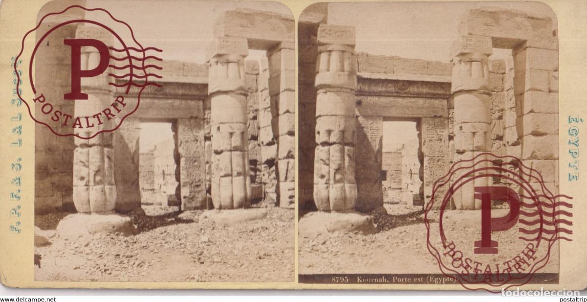 Alte Fotografie: EGYPTE EGIPTO KOURNAH PORTE EST THEBES SEE RIGHT UPPER CORNER +-17.5*8.5CM ESTEREOSCOPICA STEREOSC