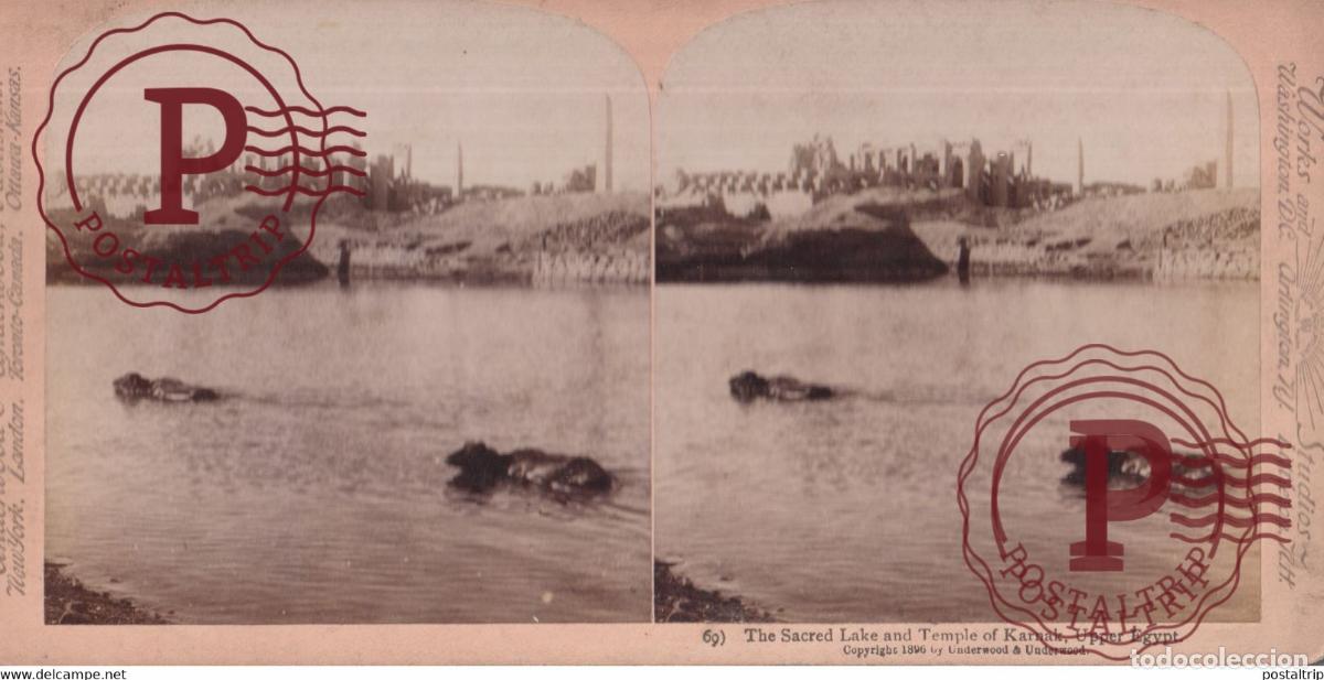 Alte Fotografie: EGYPTE EGIPTO EGYPT THE SACRED LAKE AND TEMPLE OF KARNAK +-17.5*8.5CM ESTEREOSCOPICA STEREOSCOPIC