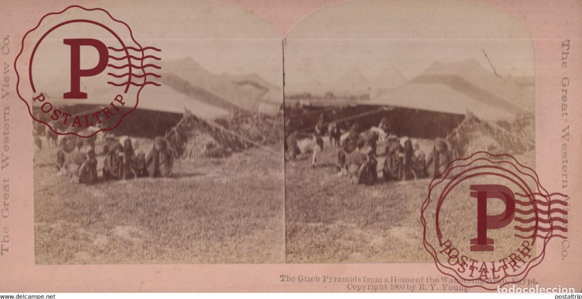 Alte Fotografie: EGYPTE EGIPTO EGYPT THE GIZEH PYRAMIDS WONDERING ARAB NOMADE PIRAMIDES +-17.5*8.5CM ESTEREOSCOPICA