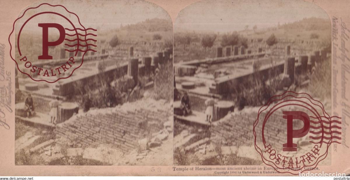 Alte Fotografie: TEMPLE DE HERAION OLYMPIA GREECE GRECE GRECIA +-17.5*8.5CM ESTEREOSCOPICA STEREOSCOPIC