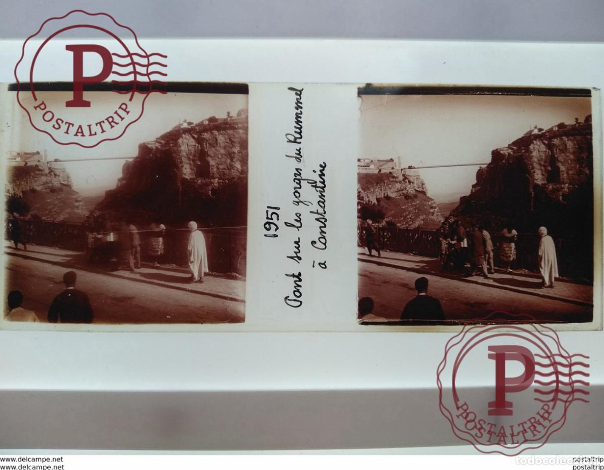 Alte Fotografie: Algerie St&eacute;r&eacute;o sur verre plaque depony sur les gorges du Rummel a Constantine