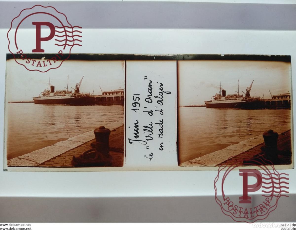 Alte Fotografie: Algerie St&eacute;r&eacute;o sur verre plaque de Juin 1951 le Ville dOtan en rade dAlger