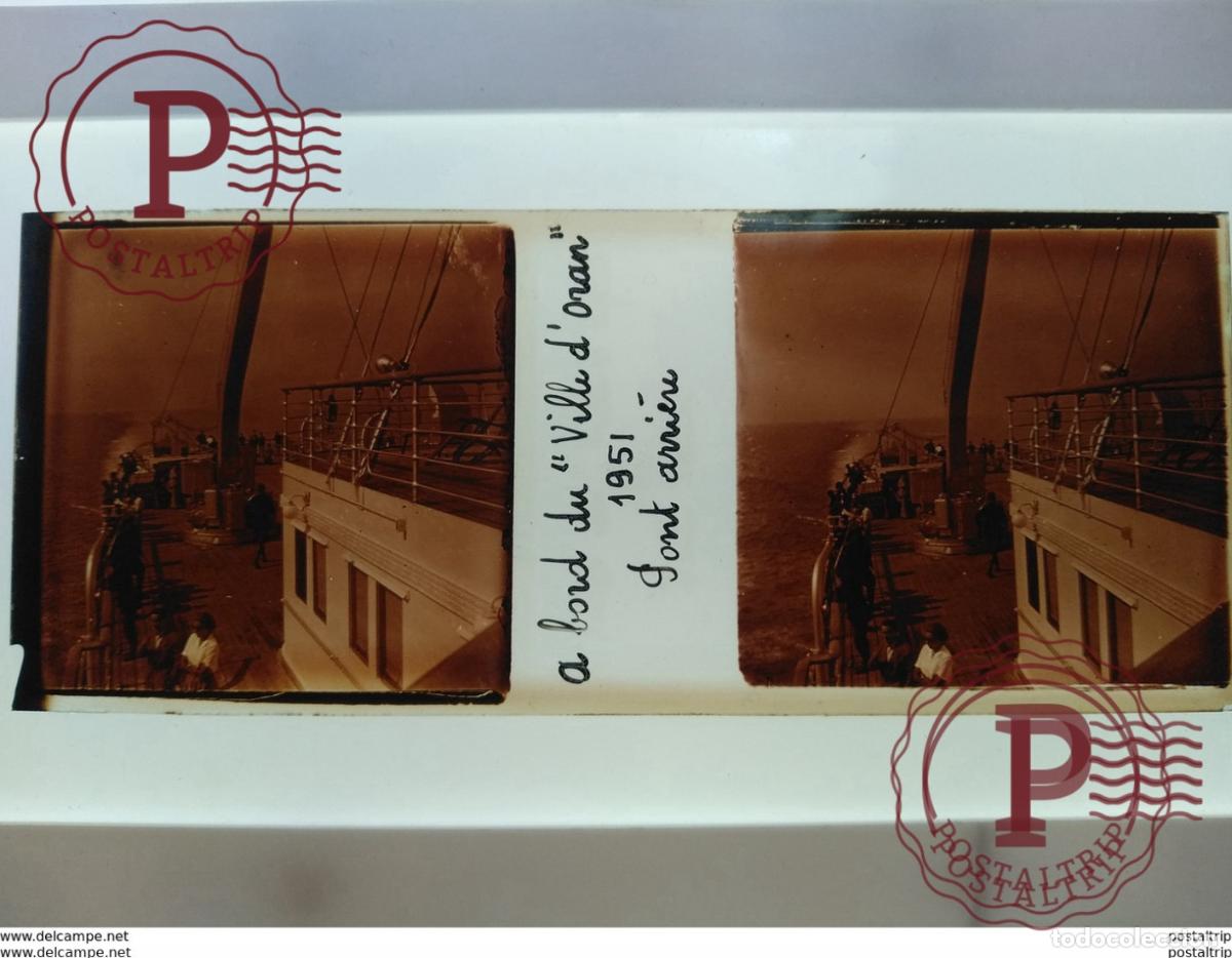Alte Fotografie: Algerie St&eacute;r&eacute;o sur verre plaque de a bord du ville doran 1951 en rade dalger pont arrier