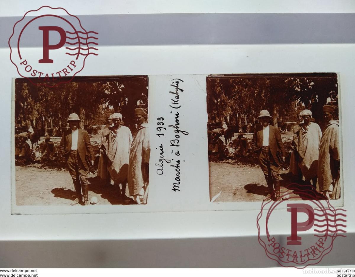 Alte Fotografie: Algerie St&eacute;r&eacute;o sur verre plaque de algerie 1933 marchi a boghni