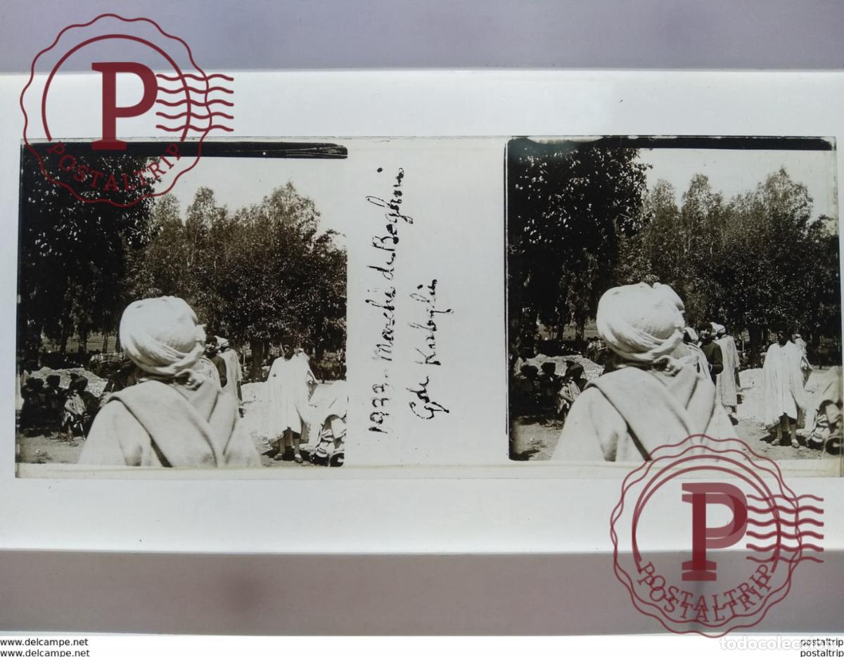 Alte Fotografie: Algerie St&eacute;r&eacute;o sur verre plaque de 1933 marche de behghni g de kabyli
