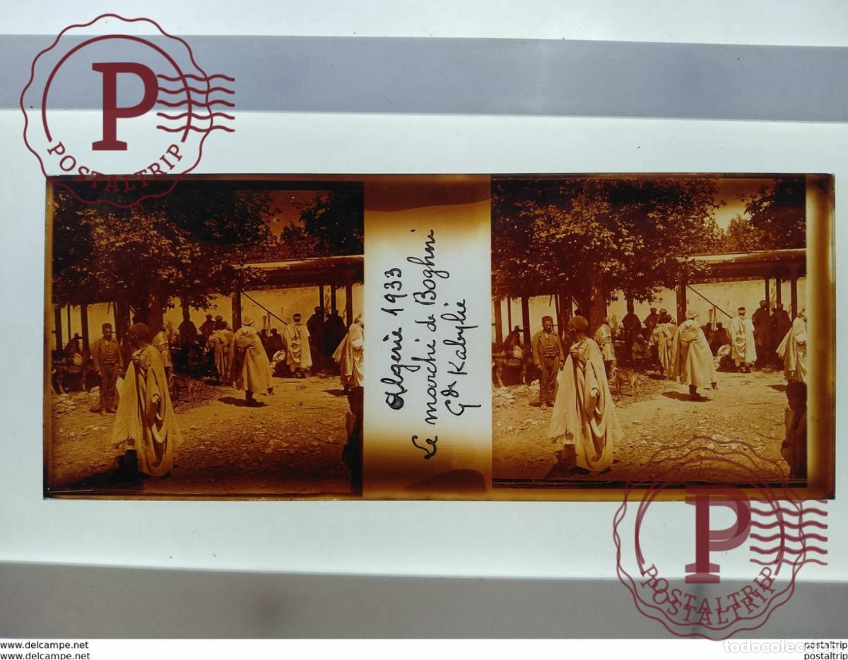 Alte Fotografie: Algerie St&eacute;r&eacute;o sur verre plaque de argelie 1933 le marchi de bohgni g de kabyli