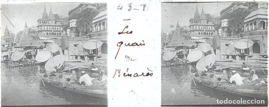 Fotograf&iacute;a antigua: INDIA EL GANGES ESTEROSCOPICA DE CRISTAL 4.5 X 10.7 cm.
