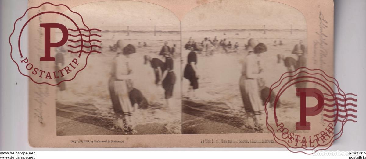 Photographie ancienne: MANHATTAN BEACH UNDERWOOD st&eacute;r&eacute;oscopique st&eacute;r&eacute;oscope carte photo st&eacute;r&eacute;o