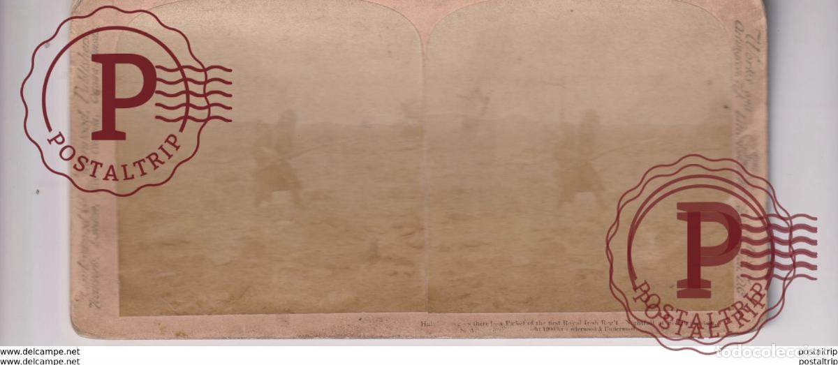Photographie ancienne: FIRST ROYAL IRISH SOUTH-AFRICA-BOER-WAR-BATTLE UNDERWOOD GUERRE WAR st&eacute;r&eacute;oscopique st&eacute;r&eacute;oscope car