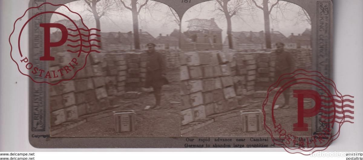 Photographie ancienne: FAST ADVANCE NEAR CAMBRAI FRANCE GERMANS ABANDON AMMUNITION GUERRE WAR st&eacute;r&eacute;oscopique st&eacute;r&eacute;oscope