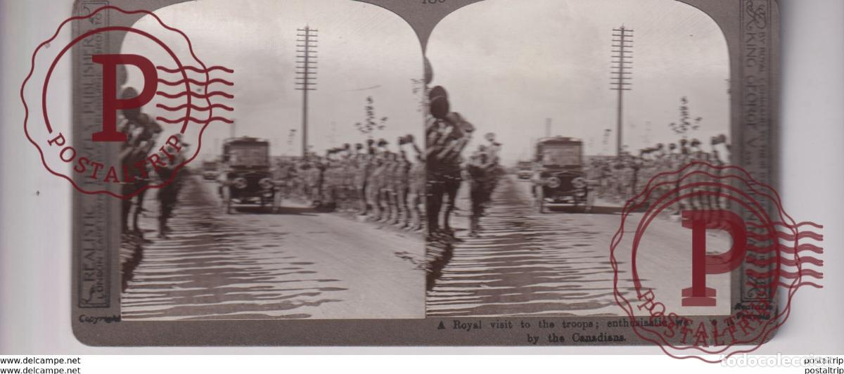 Photographie ancienne: ROYAL VISIT TROOPS CANADIANS GUERRE WAR WWI st&eacute;r&eacute;oscopique st&eacute;r&eacute;oscope carte photo st&eacute;r&eacute;o