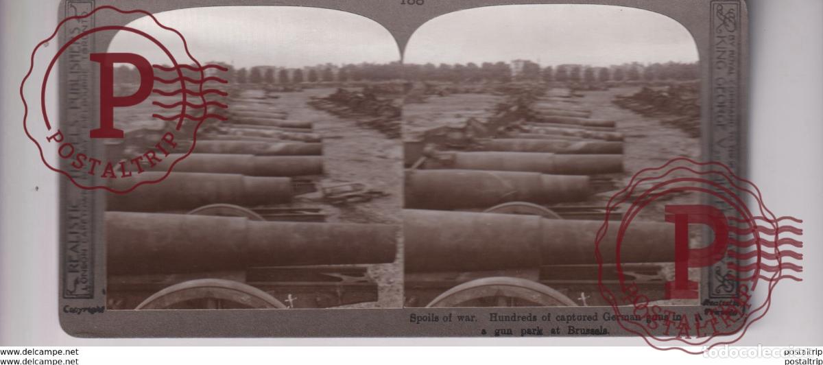 Photographie ancienne: SPOILS OF WAR BRUSSELS CAPTURED GERMAN GUNS GUERRE WAR WWI st&eacute;r&eacute;oscopique st&eacute;r&eacute;oscope carte photo