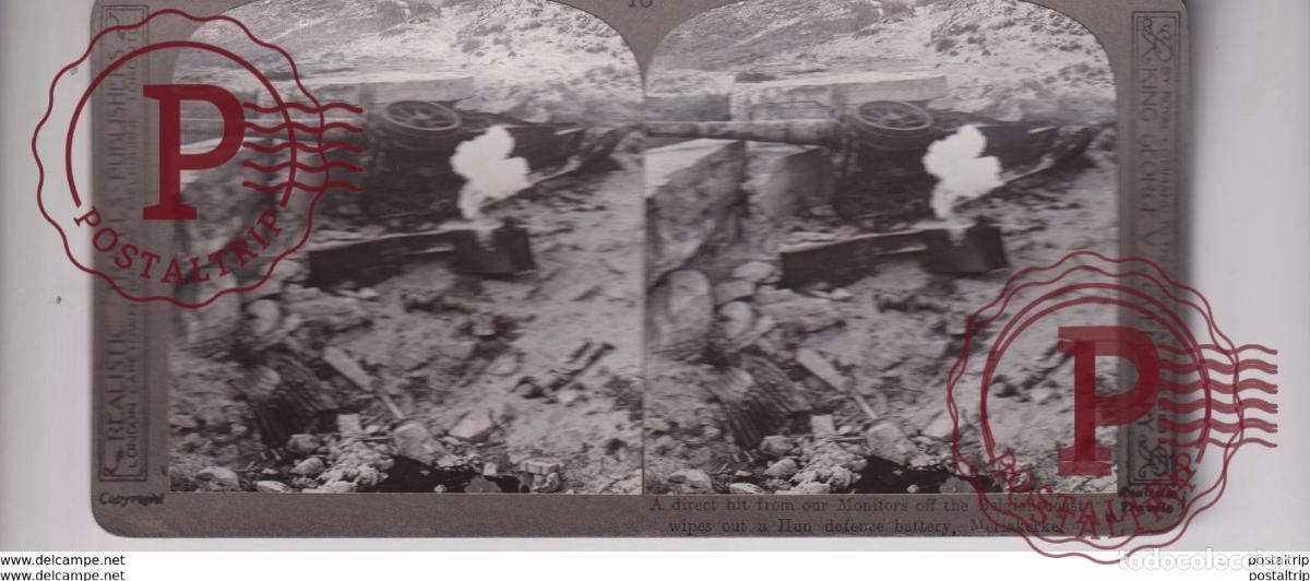 Photographie ancienne: MARIAKERKE A DIRECT HIT FROM OUR MONITORS BELGIAN COAST GUERRE WAR WWI st&eacute;r&eacute;oscopique st&eacute;r&eacute;oscop