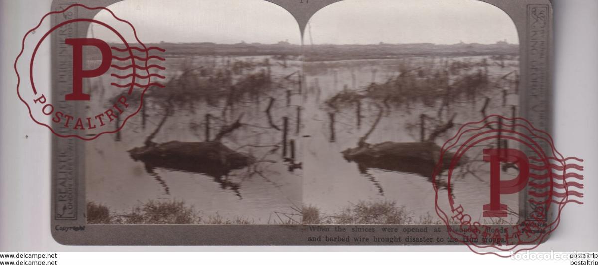 Photographie ancienne: SLUICES WERE OPENED AT NIEUPORT NIEUWPOORT HUN TROOPS GUERRE WAR WWI st&eacute;r&eacute;oscopique st&eacute;r&eacute;oscope ca