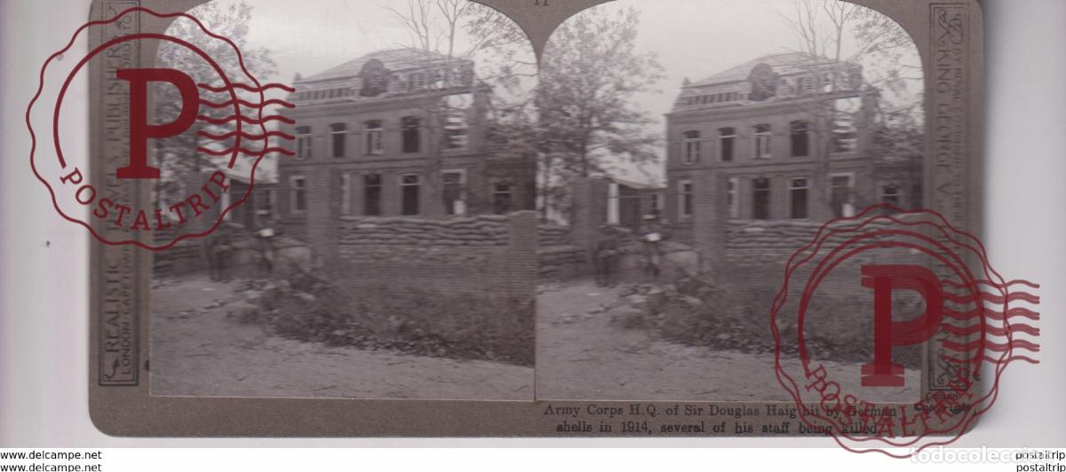 Photographie ancienne: 1914 ARMY CORPS H Q OF SIR DOUGLAS HAIG HIT BY GERMAN GUERRE WAR WWI st&eacute;r&eacute;oscopique st&eacute;r&eacute;oscope c