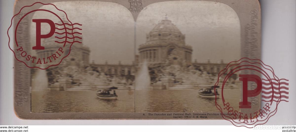 Photographie ancienne: THE CASCADES AND FESTIVAL HALL LOUISIANA PURCHASE EXHIBITION st&eacute;r&eacute;oscopique st&eacute;r&eacute;oscope carte photo