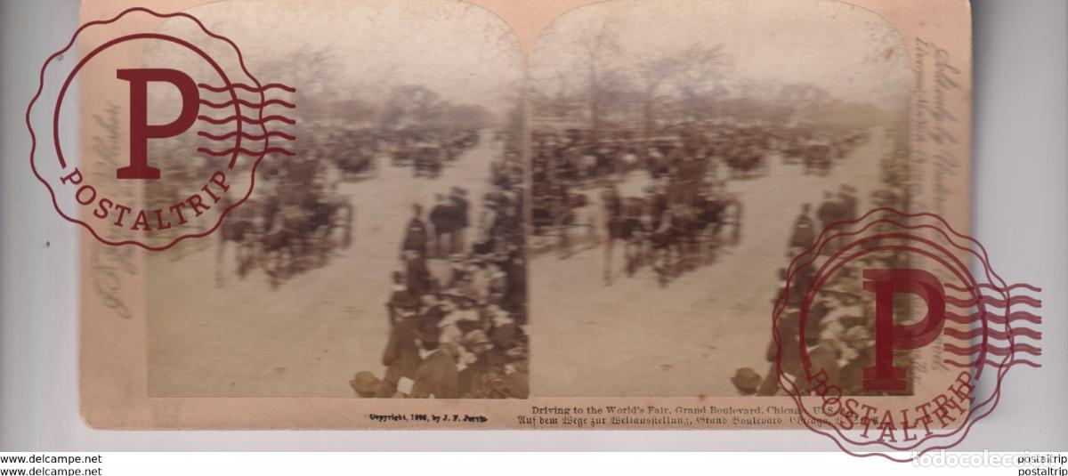 Fotografia antiga: 1896 DRIVING TO THE WORLDS FAIR GRAND BOULEVARD CHICAGO USA st&eacute;r&eacute;oscopique st&eacute;r&eacute;oscope carte photo
