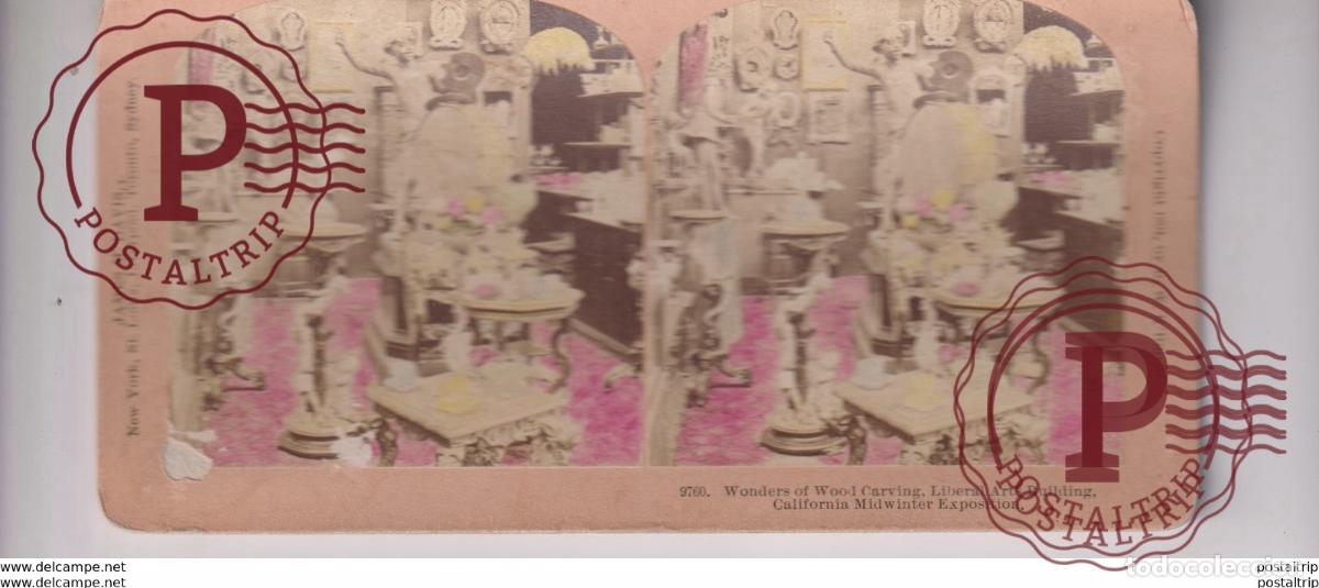 Fotografia antiga: WONDERS OF WOOD CARVING CALIFORNIA MIDWINTER EXPOSITION st&eacute;r&eacute;oscopique st&eacute;r&eacute;oscope carte photo st&eacute;r