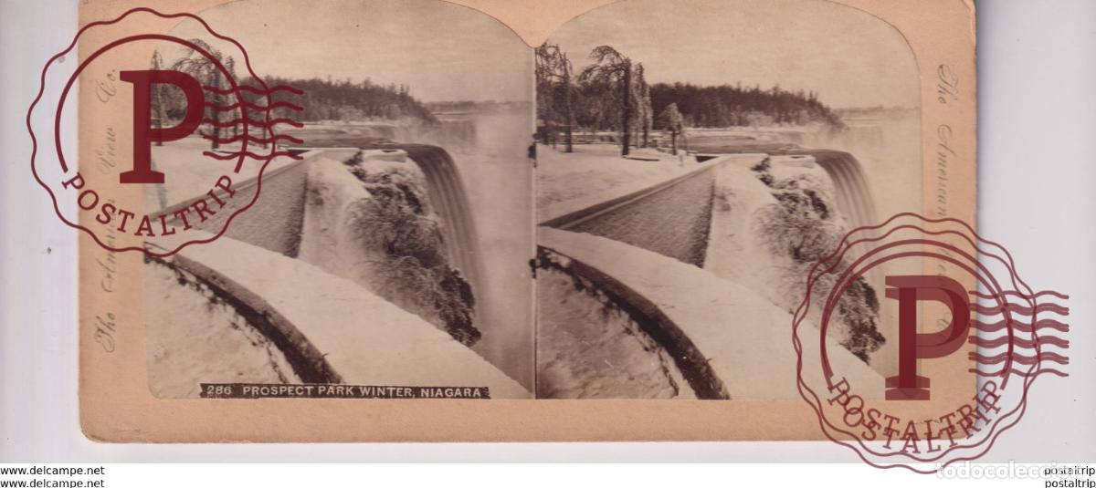 Fotografia antiga: PROSPECT PARK WINTER NIAGARA FALLS AMERICAN VIEW st&eacute;r&eacute;oscopique st&eacute;r&eacute;oscope carte photo st&eacute;r&eacute;o