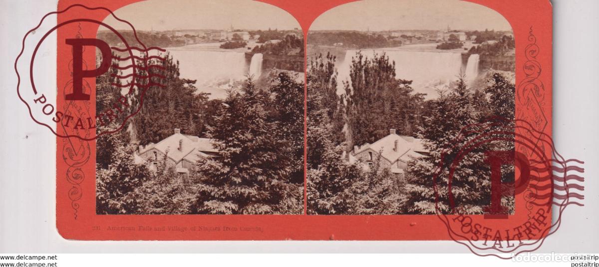 Fotografia antiga: AMERICAN FALLS VILLAGE FROM CANADA GEORGE GEO E CURTIS NIAGARA FALLS st&eacute;r&eacute;oscopique st&eacute;r&eacute;oscope car