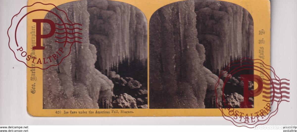Fotografia antiga: ICE CAVE UNDER AMERICAN FALLS GEO BARKER NIAGARA FALLS st&eacute;r&eacute;oscopique st&eacute;r&eacute;oscope carte photo st&eacute;r