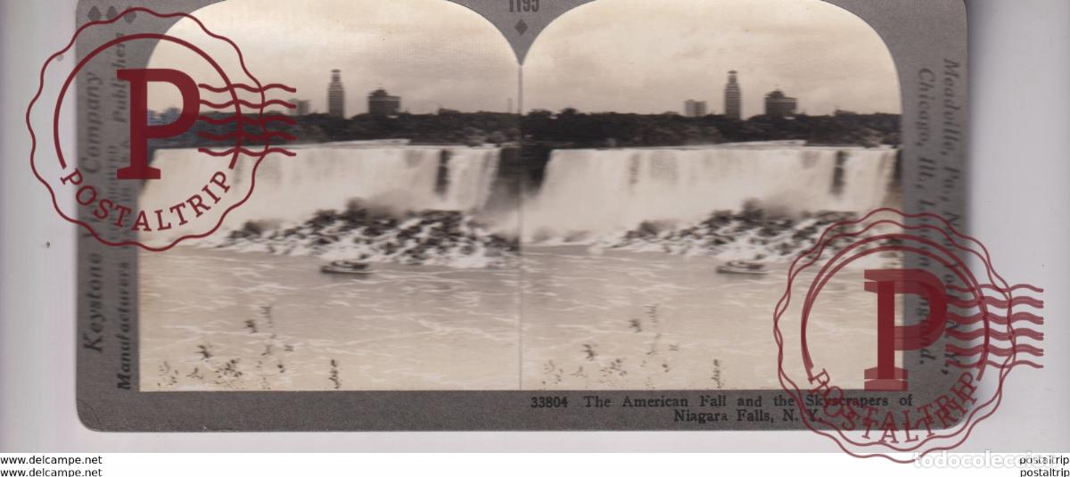 Fotograf&iacute;a antigua: THE AMERICAN FALL AND SKYSCRAPERS UNDERWOOD NIAGARA FALLS st&eacute;r&eacute;oscopique st&eacute;r&eacute;oscope carte photo s