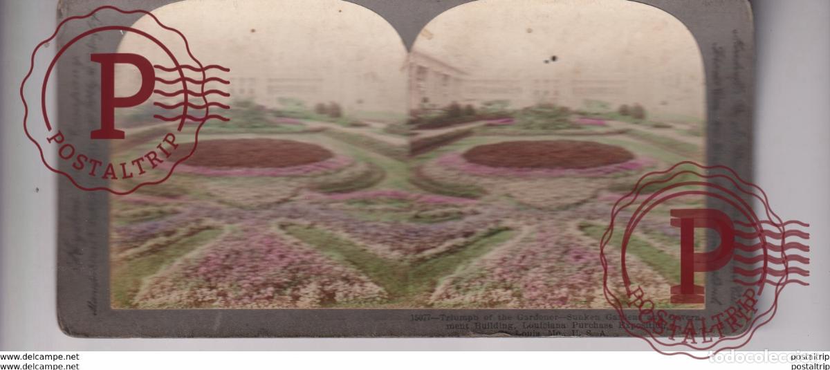 Fotograf&iacute;a antigua: TRIUMPH GARDENER SUNKEN GARDENS GOVERNMENT BUILDING LOUISIANA PURCHASE EXP st&eacute;r&eacute;oscopique st&eacute;r&eacute;oscop
