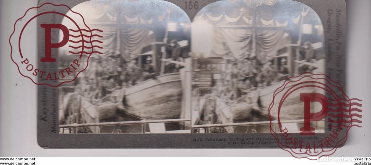 Fotograf&iacute;a antigua: JOHN SMITH TRADING WITH INDIANS JAMESTOWN EXHIBITION st&eacute;r&eacute;oscopique st&eacute;r&eacute;oscope carte photo st&eacute;r&eacute;o