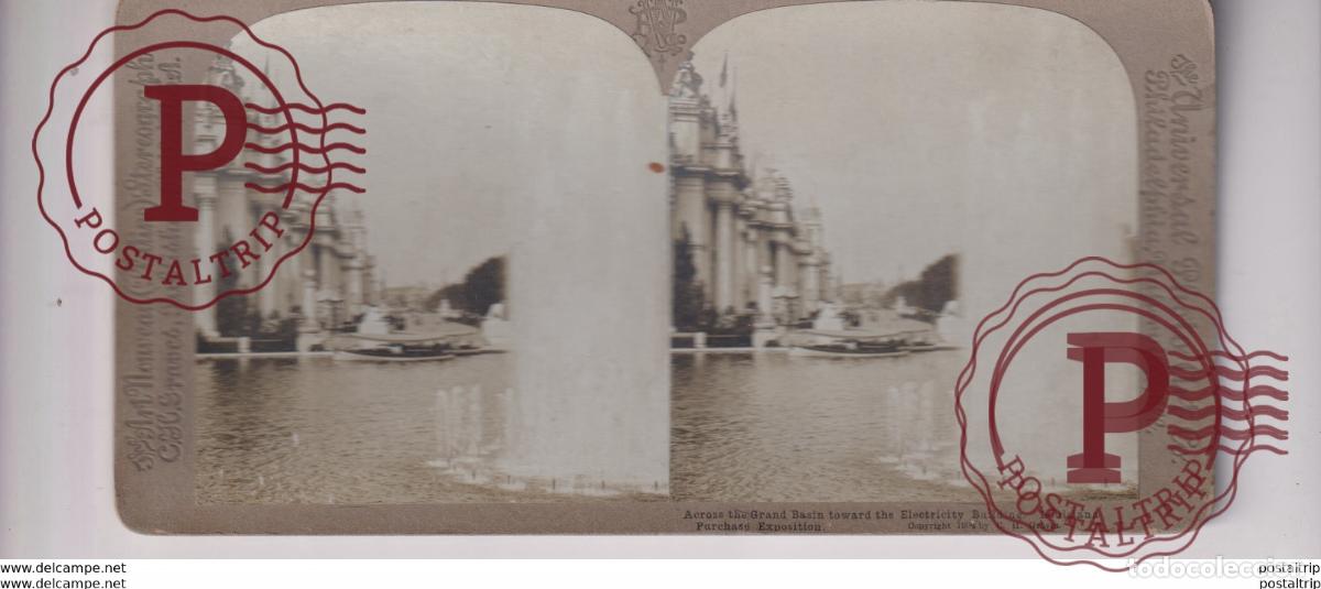 Fotograf&iacute;a antigua: ACROSS GRAND BASIN ELECTRICITY BUILDING LOUISIANA PURCHASE EXPOSITION st&eacute;r&eacute;oscopique st&eacute;r&eacute;oscope c