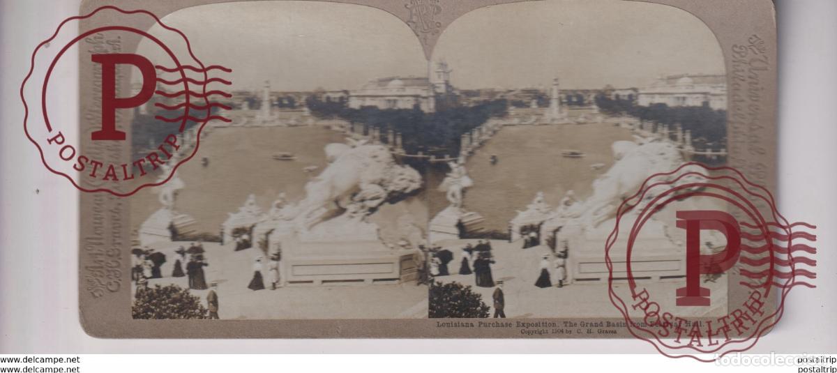 Fotograf&iacute;a antigua: GRAND BASIN FROM FESTIVAL HALL LOUISIANA PURCHASE EXPOSITION st&eacute;r&eacute;oscopique st&eacute;r&eacute;oscope carte pho