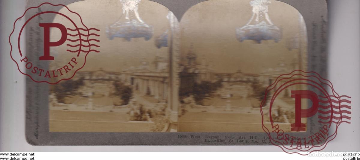 Fotograf&iacute;a antigua: WEST LAGOON FROM ART HILL LOUISIANA PURCHASE EXPOSITION st&eacute;r&eacute;oscopique st&eacute;r&eacute;oscope carte photo st&eacute;r