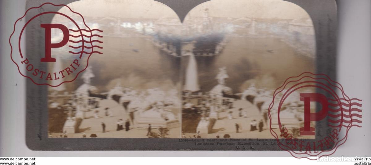 Fotograf&iacute;a antigua: GRAND BASIN AND PLAZA LOUISIANA PURCHASE EXPOSITION st&eacute;r&eacute;oscopique st&eacute;r&eacute;oscope carte photo st&eacute;r&eacute;o
