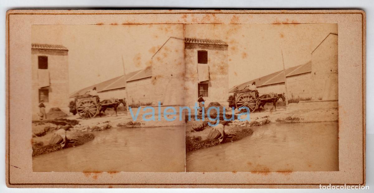Fotograf&iacute;a antigua: Alfara. Antiqu&iacute;sima foto. Labrador carro y caballo. Lavandera en el rio. Siglo XIX
