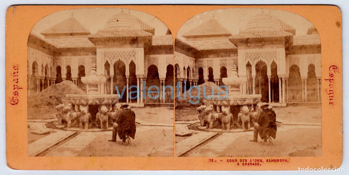 Fotograf&iacute;a antigua: Antiqu&iacute;sima foto Ernest Lamy N&deg; 71 Patio de los Leones de la Alhambra, Granada. Siglo XIX vl