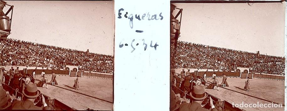 Fotograf&iacute;a antigua: FIGUERAS CORRIDA TOROS ESTEREO DE CRISTAL FOT. FRANCES TAMA&Ntilde;O 4.5 X 10.7 CM.