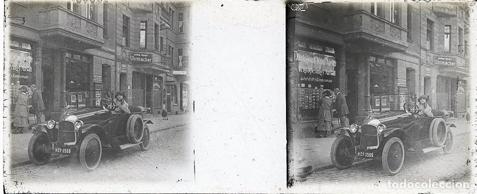 Fotograf&iacute;a antigua: AUTOMOVIL ANTIGUO ESTEREO DE CRISTAL FOT. FRANCES TAMA&Ntilde;O 4.5 X 10.7 CM.