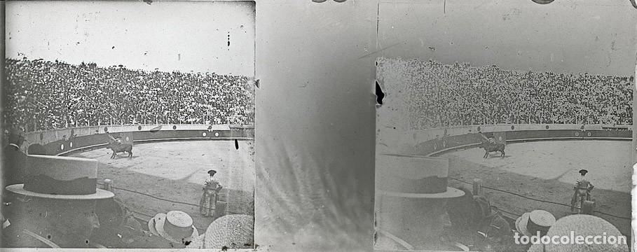 Photographie ancienne: TAUROMAQUIA CORRIDA TOROS ESTEREO DE CRISTAL FOT. FRANCES TAMA&Ntilde;O 4.5 X 10.7 CM.